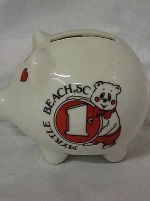 Vintage White Ceramic Heart Eyes Piggy Bank Myrtle Beach SC Travel Souvenir - Thumbnail 2