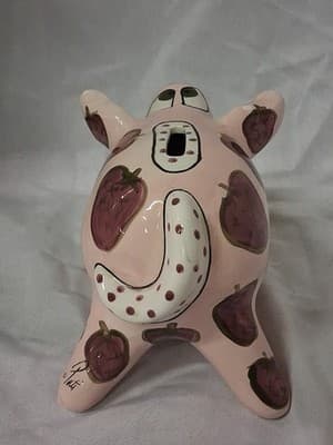 Ganz Whimsical Handpainted Ceramic Piggy Bank Strawberries Signed 6.5” X 8” - Thumbnail 4