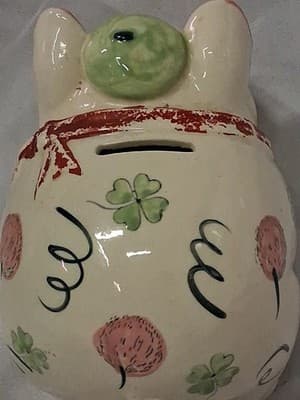 Vtg 1961 Ceramic Hand Painted Piggy Bank Pig Smoking Pipe Shamrocks Design ☘️ - Thumbnail 7