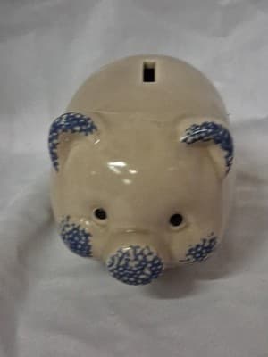 Vintage Folksy Country Blue Decorated Ceramic Piggy Bank - Thumbnail 2