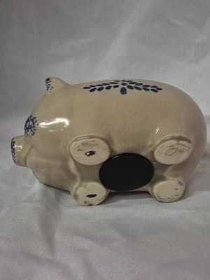Vintage Folksy Country Blue Decorated Ceramic Piggy Bank - Thumbnail 5