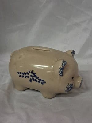 Vintage Folksy Country Blue Decorated Ceramic Piggy Bank - Thumbnail 3