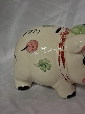 Vtg 1961 Ceramic Hand Painted Piggy Bank Pig Smoking Pipe Shamrocks Design ☘️ - Thumbnail 4