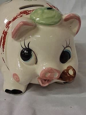 Vtg 1961 Ceramic Hand Painted Piggy Bank Pig Smoking Pipe Shamrocks Design ☘️ - Thumbnail 10