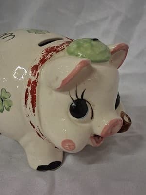 Vtg 1961 Ceramic Hand Painted Piggy Bank Pig Smoking Pipe Shamrocks Design ☘️ - Thumbnail 3