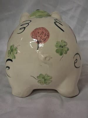 Vtg 1961 Ceramic Hand Painted Piggy Bank Pig Smoking Pipe Shamrocks Design ☘️ - Thumbnail 6