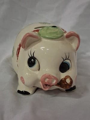 Vtg 1961 Ceramic Hand Painted Piggy Bank Pig Smoking Pipe Shamrocks Design ☘️ - Thumbnail 2