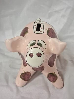 Ganz Whimsical Handpainted Ceramic Piggy Bank Strawberries Signed 6.5” X 8” - Thumbnail 2