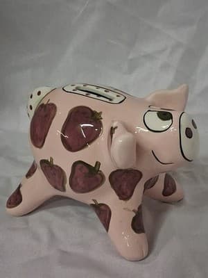 Ganz Whimsical Handpainted Ceramic Piggy Bank Strawberries Signed 6.5” X 8” - Thumbnail 3