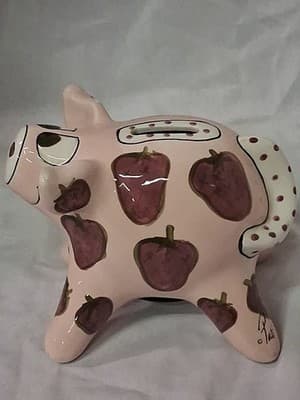 Ganz Whimsical Handpainted Ceramic Piggy Bank Strawberries Signed 6.5” X 8” - Thumbnail 6