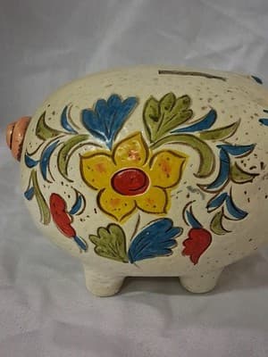 Vintage Retro Colorful Flowered Piggy Bank- Mid Century- Japan - Thumbnail 2