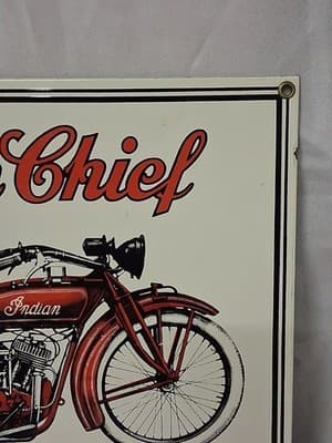 VINTAGE INDIAN CHIEF POWER PLUS MOTORCYCLE PORCELAIN/ENAMEL SIGN (13" X 10" ) - Thumbnail 3