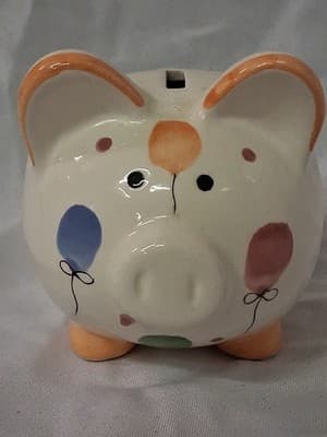 Ceramic Piggy Bank Pig Multicolored Polka Dots Balloons Design Hand Painted USA - Thumbnail 2