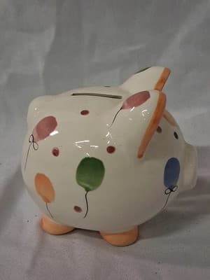 Ceramic Piggy Bank Pig Multicolored Polka Dots Balloons Design Hand Painted USA - Thumbnail 3
