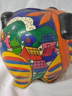 Mexican Talavera Hand Painted Piggy Bank Clay Colorful Folk Art - Thumbnail 6