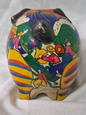 Mexican Talavera Hand Painted Piggy Bank Clay Colorful Folk Art - Thumbnail 5
