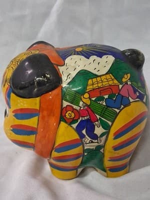 Mexican Talavera Hand Painted Piggy Bank Clay Colorful Folk Art - Thumbnail 4