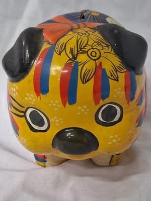 Mexican Talavera Hand Painted Piggy Bank Clay Colorful Folk Art - Thumbnail 2