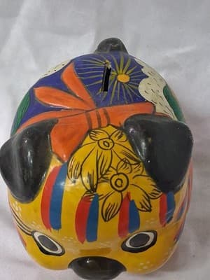 Mexican Talavera Hand Painted Piggy Bank Clay Colorful Folk Art - Thumbnail 3
