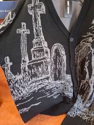 Halloween Cemetery Sketch Pattern Button Up Knit Cardigan Size LG NWT Hot Topic - Thumbnail 3