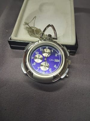 Vintage Colibri Quartz Pocket Watch Azure Blue Dial Box Paperwork Needs Battery - Thumbnail 4