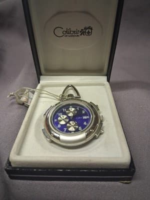 Vintage Colibri Quartz Pocket Watch Azure Blue Dial Box Paperwork Needs Battery - Thumbnail 3