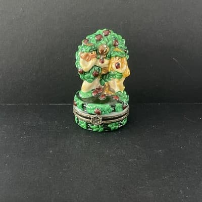 Vintage Metal Hinged Trinket Box Adam and Eve by Apple Tree with Apple Insert - Thumbnail 2
