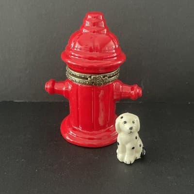 Fireman Fire Hydrant Plug Hinged Ceramic Trinket Box with Dalmatian - Thumbnail 2