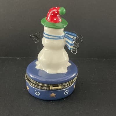 New in Box VTG 1999 Porcelain Trinket Snowman Box w Christmas Tree Inside Avon - Thumbnail 4