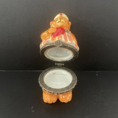 Bear Nurse Trinket Box w/ Heart Inside Candy Striper Hinged Ceramic -2.75” H - Thumbnail 4