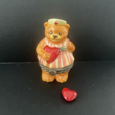 Bear Nurse Trinket Box w/ Heart Inside Candy Striper Hinged Ceramic -2.75” H - Thumbnail 2