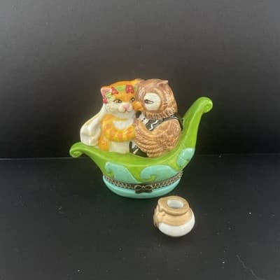 Vintage Hinged Trinket Box Owl & Pussycat In Boat With Mini Honey Pot - Thumbnail 2