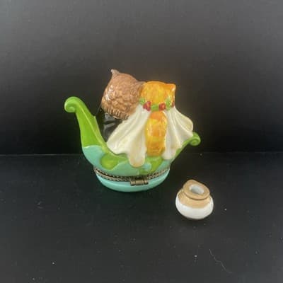 Vintage Hinged Trinket Box Owl & Pussycat In Boat With Mini Honey Pot - Thumbnail 3