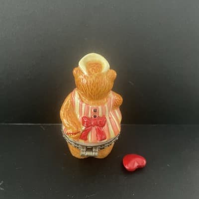 Bear Nurse Trinket Box w/ Heart Inside Candy Striper Hinged Ceramic -2.75” H - Thumbnail 3