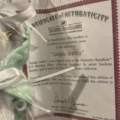 Ashton Drake Realistic Monkey “Jungle Antics” Heavenly Handfuls, No Box - Thumbnail 3
