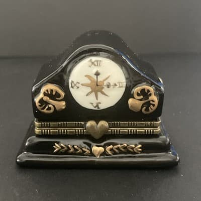 Porcelain black and gold mantle clock trinket box with gold key trinket - Thumbnail 2
