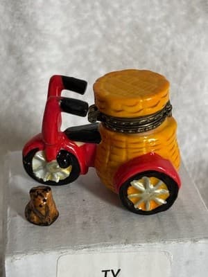 RARE Porcelain Hinged Trinket Box Red Bicycle W/ Small Dog With Box - Thumbnail 2