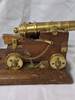 Vtg Hand Crafted Brass & Wood Table Top Desk Decorative Cannon - Thumbnail 2