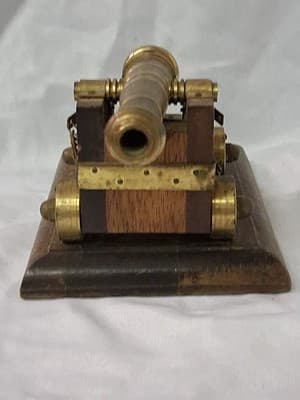 Vtg Hand Crafted Brass & Wood Table Top Desk Decorative Cannon - Thumbnail 7