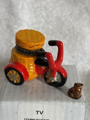 RARE Porcelain Hinged Trinket Box Red Bicycle W/ Small Dog With Box - Thumbnail 3