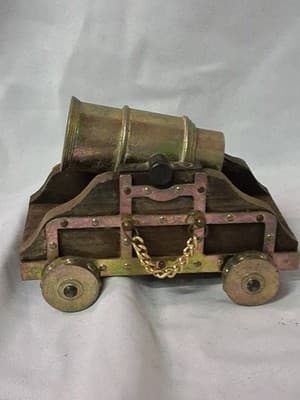 Vintage Mini Cannon Desk Display Wood Brass Decor RARE Read - Thumbnail 6