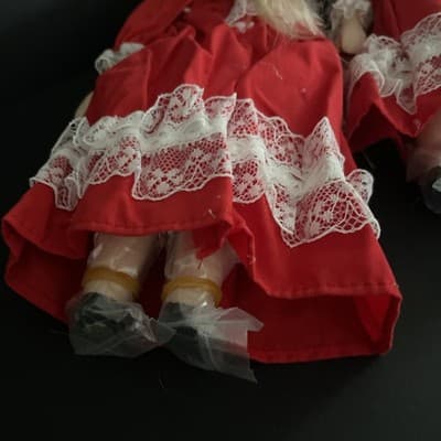Vintage 8" Porcelain Dolls Twins in Red Christmas Dresses Blue Eyes Blonde Hair - Thumbnail 3