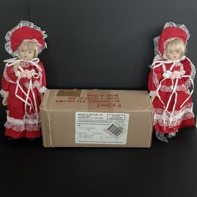 Vintage 8" Porcelain Dolls Twins in Red Christmas Dresses Blue Eyes Blonde Hair - Thumbnail 4