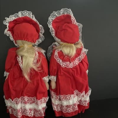 Vintage 8" Porcelain Dolls Twins in Red Christmas Dresses Blue Eyes Blonde Hair - Thumbnail 2