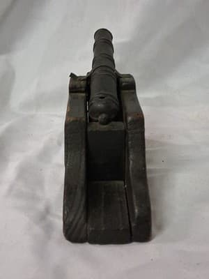 Vintage Mini Cannon Cast Iron Wood Carriage Rustic Military Decor - Thumbnail 4