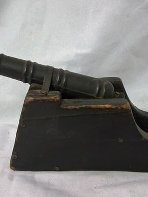 Vintage Mini Cannon Cast Iron Wood Carriage Rustic Military Decor - Thumbnail 2