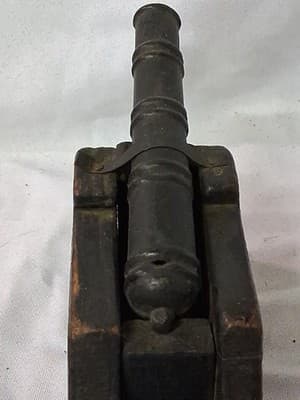 Vintage Mini Cannon Cast Iron Wood Carriage Rustic Military Decor - Thumbnail 5