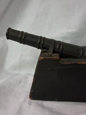 Vintage Mini Cannon Cast Iron Wood Carriage Rustic Military Decor - Thumbnail 3