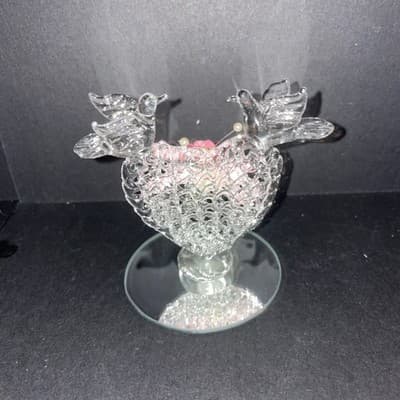 Spun Glass Puffed Heart Matching Doves w/Gold Plated Accent Figurine - Vintage - Thumbnail 2