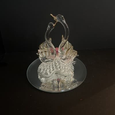 Hand Spun Blown Glass Geese Swans with Flowers Rose Glass Trimmed On Mirror Base - Thumbnail 2